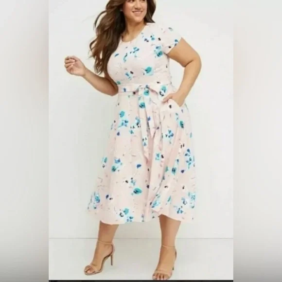 Lane Bryant Light Pink Floral Short Sleeve Dress size 16 tie waist - Picture 3 of 10